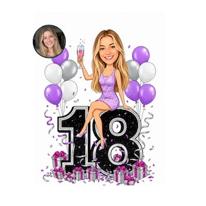 May include: A cartoon illustration of a person with long blonde hair wearing a sparkly purple dress, sitting on a large number 18. The person holds a glass of pink liquid. The scene includes purple and white balloons, gift boxes, and confetti.
