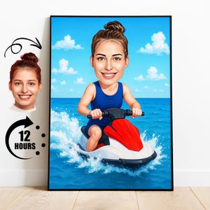 Portrait femme dessin animé jet ski, cadeau jet ski, caricature jet ski personnalisée, caricature de pilote jet ski à partir d'une photo, cadeau pour femme pilote jet ski