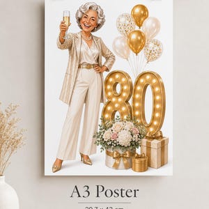 May include: An A3 poster measuring 29.7 x 42 cm or 11.7 x 16.5 in, featuring an illustration of a person in a cream suit holding a champagne glass, gold and white balloons, large illuminated number 80, floral arrangement, and gift boxes.