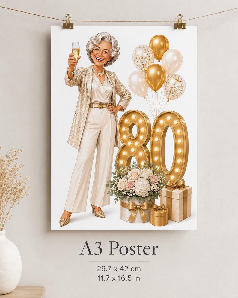 May include: An A3 poster measuring 29.7 x 42 cm or 11.7 x 16.5 in, featuring an illustration of a person in a cream suit holding a champagne glass, gold and white balloons, large illuminated number 80, floral arrangement, and gift boxes.