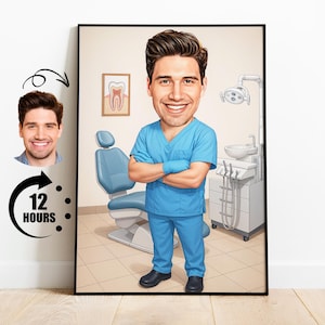 Custom Dentist Caricature from Photo, Funny Dental Office Portrait, Personalized Gift for Dentist or Dental Assistant, Dentist Office Decor