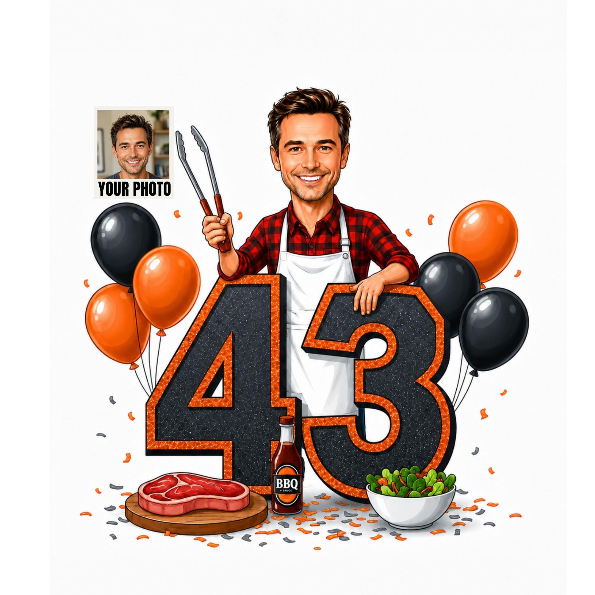 43rd Birthday BBQ Cartoon Portrait for Him from photo