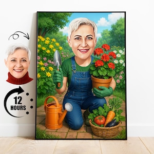 Cadeau pour jardinière, caricature de jardinage personnalisée à partir d'une photo, portrait de femme drôle avec des plantes, dessin personnalisé de dessin animé horticole