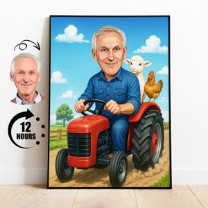 Farmer Caricature Cartoon Portrait, Personalized Tractor Gift for Farmer, Funny Farm Animal Art, Unique Farmer Birthday Retirement Gift