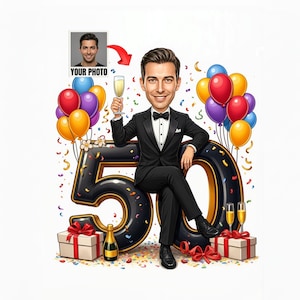 Custom 50th birthday man caricature in tuxedo on large number 50 with champagne and balloons