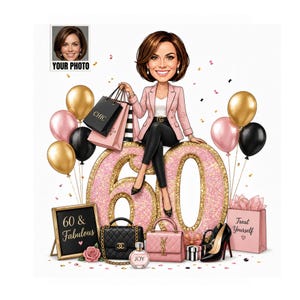 May include: A cartoon illustration of a person with brown hair wearing a pink blazer and black pants, sitting on a large glittery pink number 60. The scene includes gold, pink, and black balloons, shopping bags labeled CHIC and Treat Yourself, a framed sign reading 60 & Fabulous, handbags, a perfume bottle, and high heels.