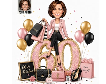 60th Birthday Shopping Cartoon Portrait for Her, Custom Fashion Shopper Caricature from Photo, Funny Luxury Gift, Birthday Card