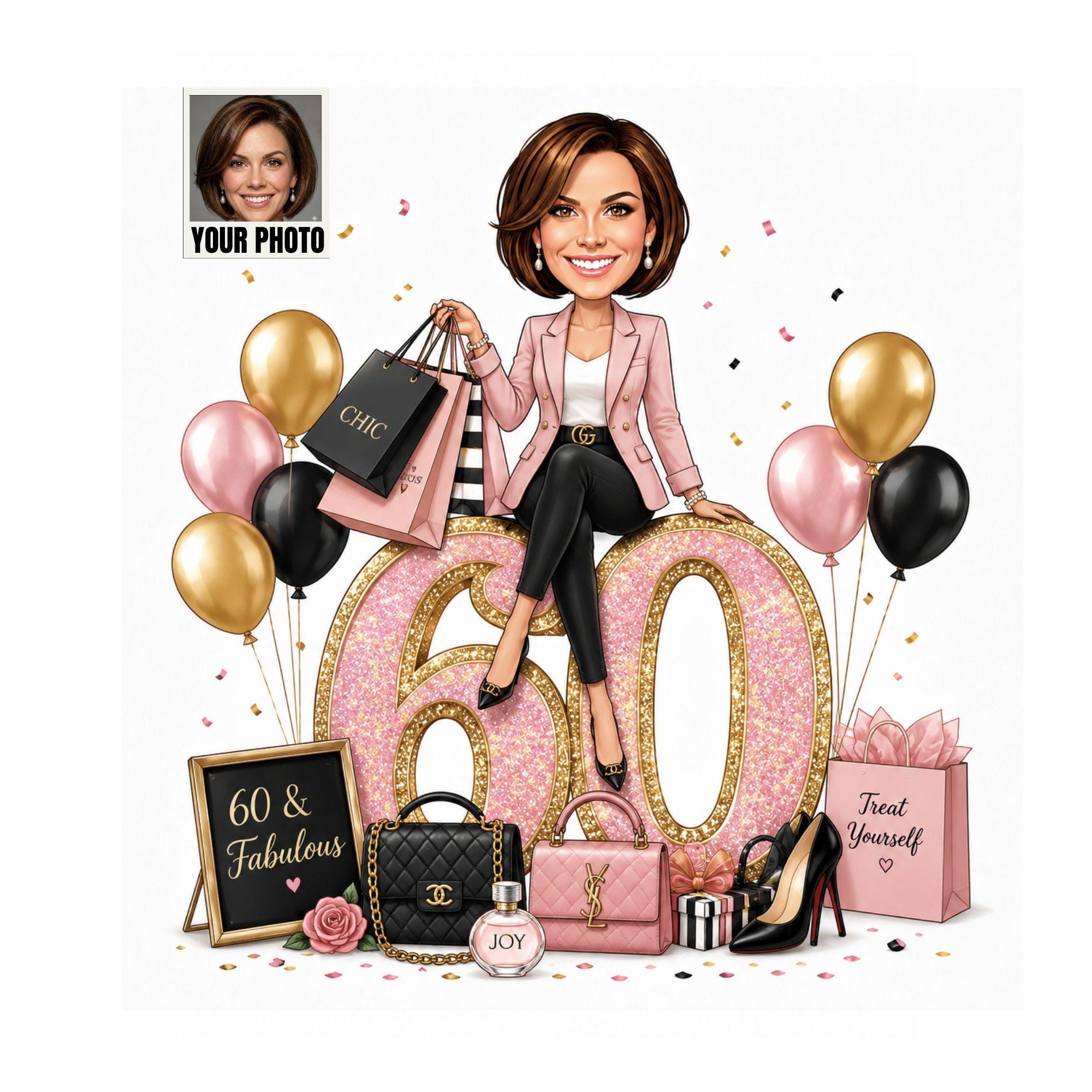 60th Birthday Shopping Cartoon Portrait for Her from photo