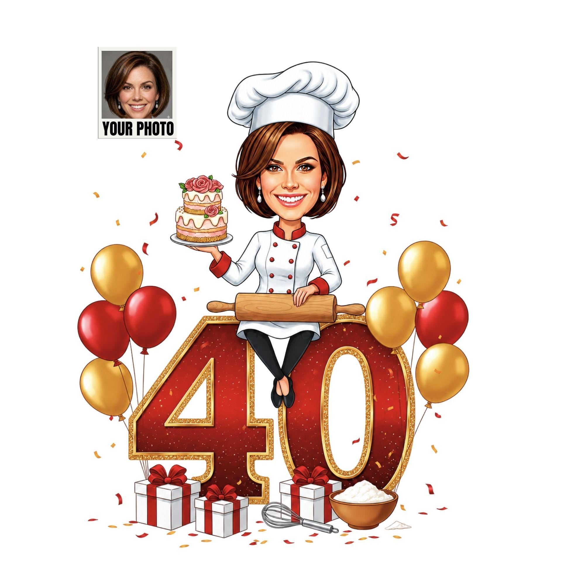 40th Birthday Baker Cartoon Portrait for Her from photo