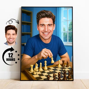 Cadeau pour joueur d'échecs, caricature personnalisée d'après une photo, portrait drôle de grand maître, dessin animé personnalisé de joueur d'échecs