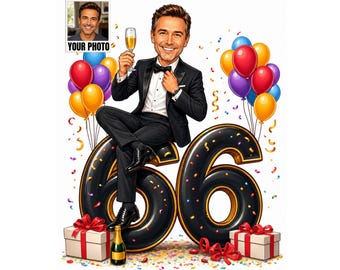 66th Birthday Man Cartoon Portrait, Custom 66th Birthday Man Caricature from Photo, Funny 66th Birthday Gift for Him, 66th Birthday Card