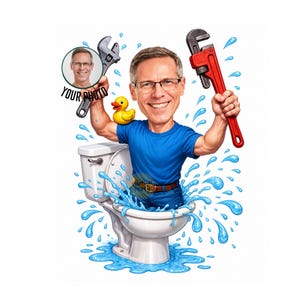 May include: A caricature illustration of a person with glasses wearing a blue t-shirt, sitting inside a white toilet bowl surrounded by blue water splashes. The person holds a silver wrench and a red pipe wrench, with a yellow rubber duck nearby.
