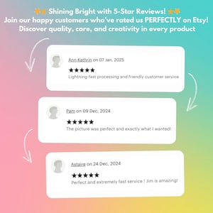 May include: A graphic with customer reviews on a gradient background. The text reads "Shining Bright with 5-Star Reviews!" and includes customer testimonials with 5-star ratings and comments about the product and service.