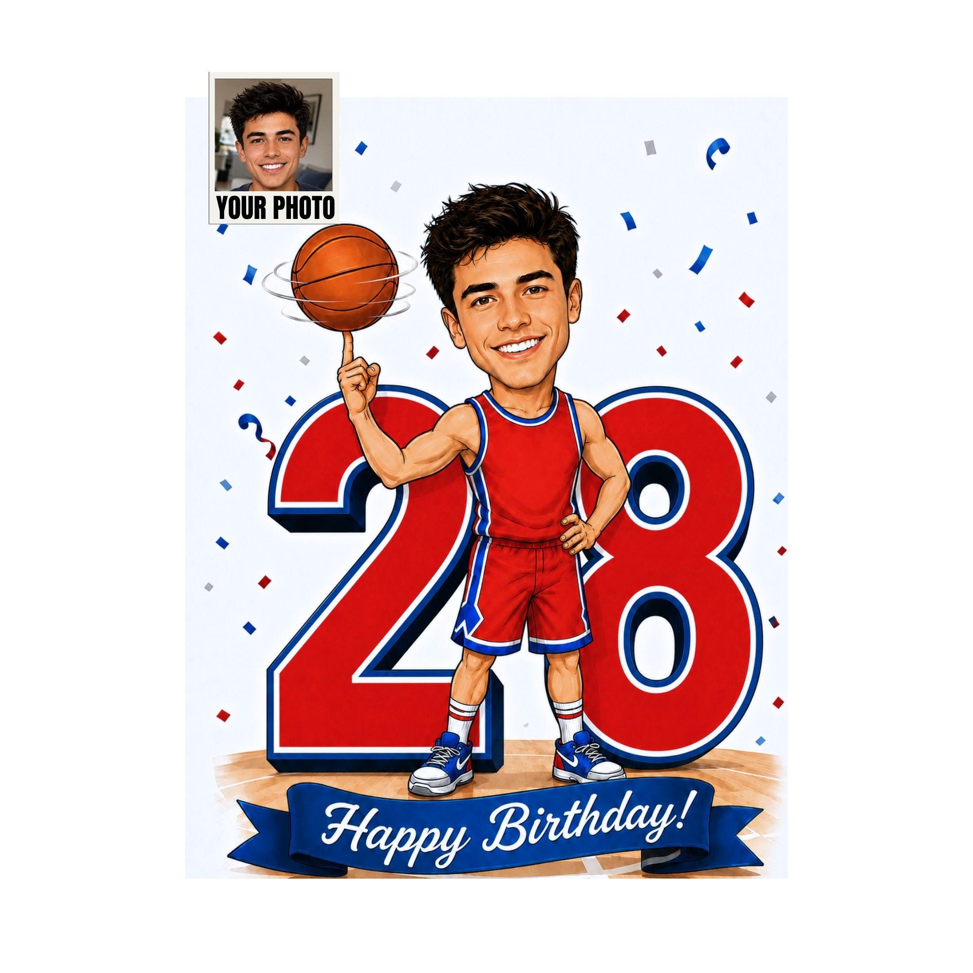 28th Birthday Basketball Cartoon Portrait for Him from photo