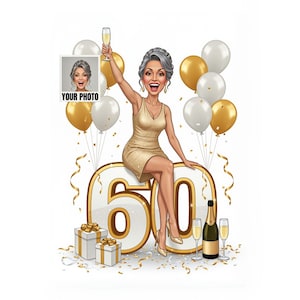 May include: A digital illustration of a person with gray hair in a gold dress sitting on a large number 60, holding a champagne flute. The scene includes gold and white balloons, gift boxes, confetti, a champagne bottle, and two glasses.