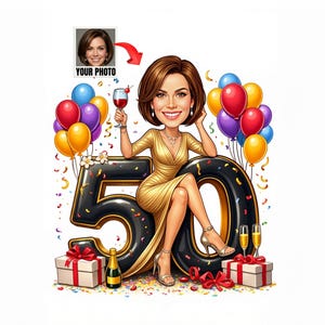 Custom 50th birthday caricature with a woman sitting on a large number 50 surrounded by balloons and gifts