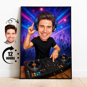 Cadeau pour DJ, caricature DJ personnalisée à partir d'une photo, portrait d'artiste de fête drôle, art mural personnalisé pour table de mixage, téléchargement numérique