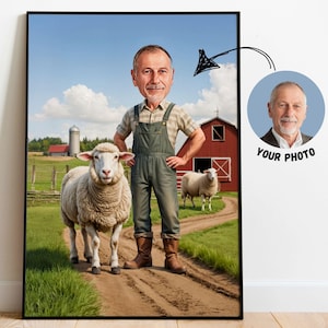 Aangepast cartoonportret mannelijke boer - gepersonaliseerde landbouwkunst met jouw gezicht - digitale download voor landbouwliefhebbers