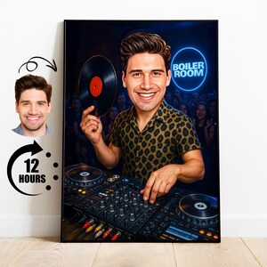Custom DJ Caricature Portrait with Vinyl Record Funny Party Gift for Him Music Producer Cartoon Wall Art for Club or Studio Decor