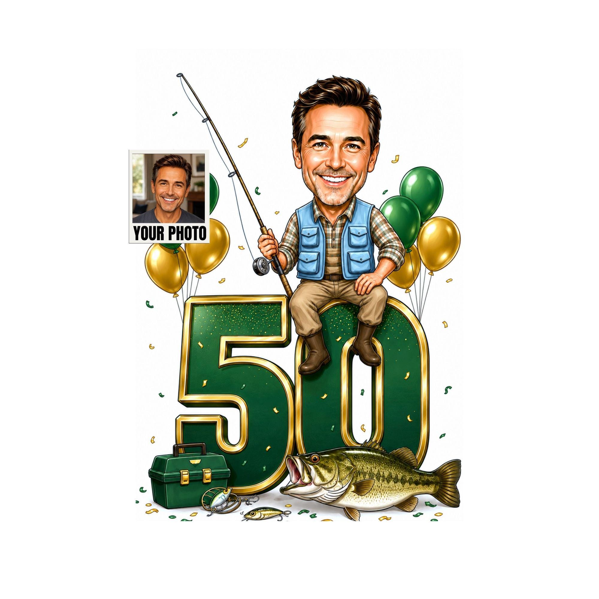 50th Birthday Fishing Cartoon Portrait for Him from photo