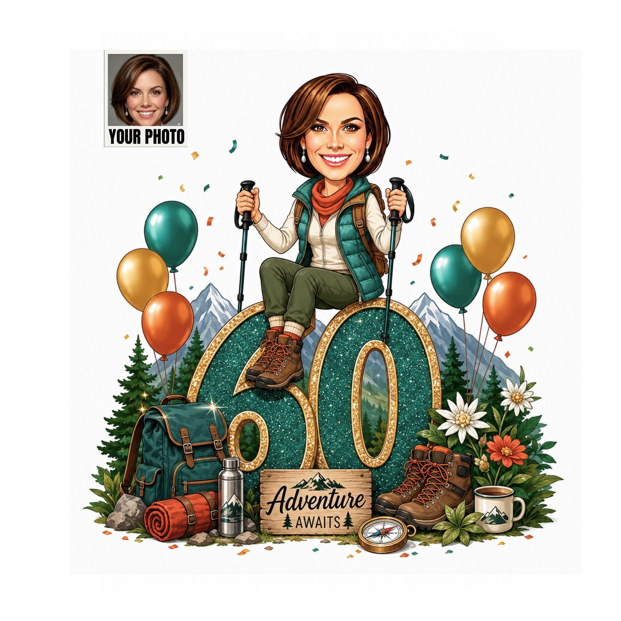 60th Birthday Hiking Cartoon Portrait for Her from photo