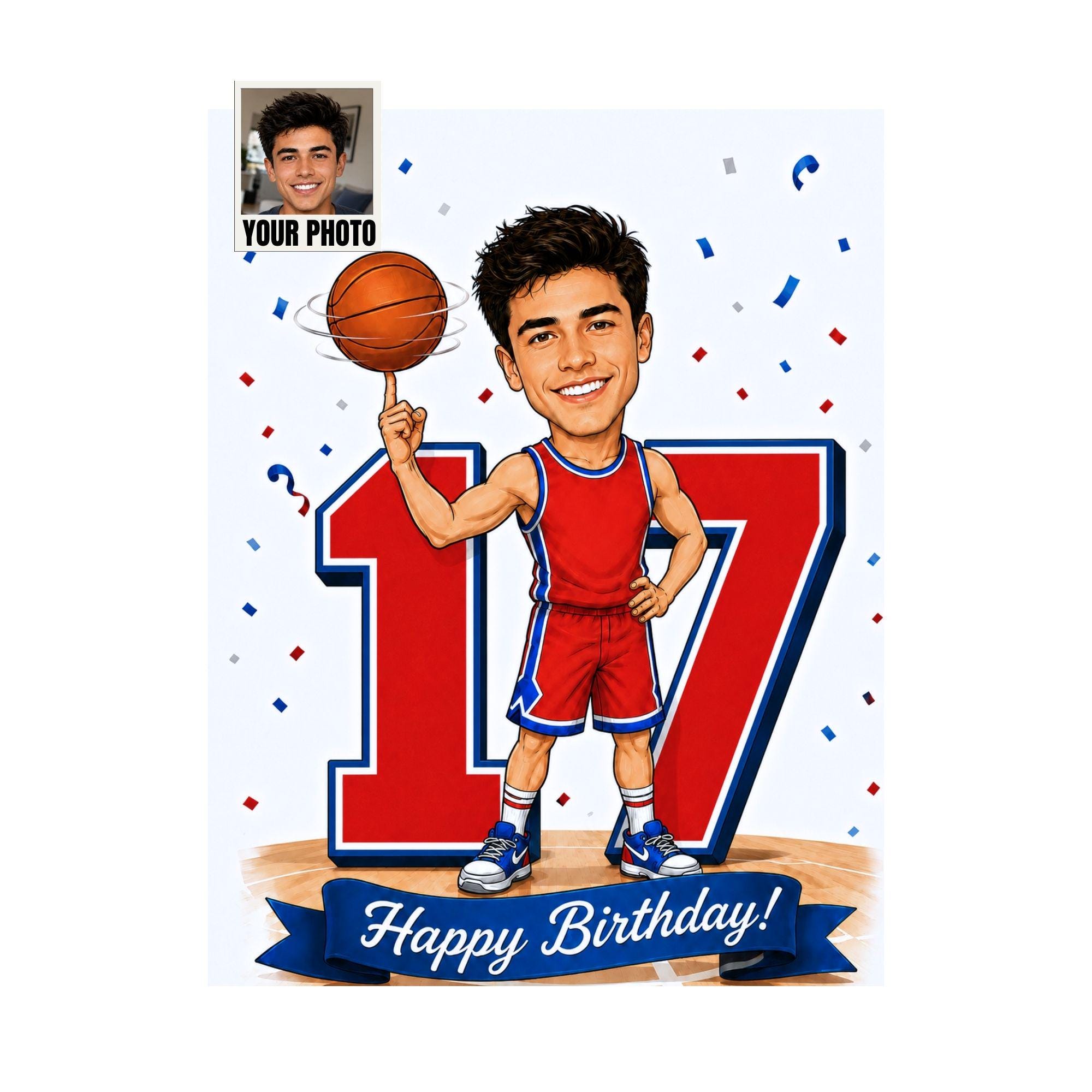 17th Birthday Basketball Cartoon Portrait for Him from photo