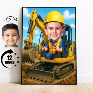 Bagger Jungen-Karikatur-Porträt, Jungenbagger-Karikatur vom Foto, lustige Kinderbaukarikatur, personalisierte Kinderbauerkunst