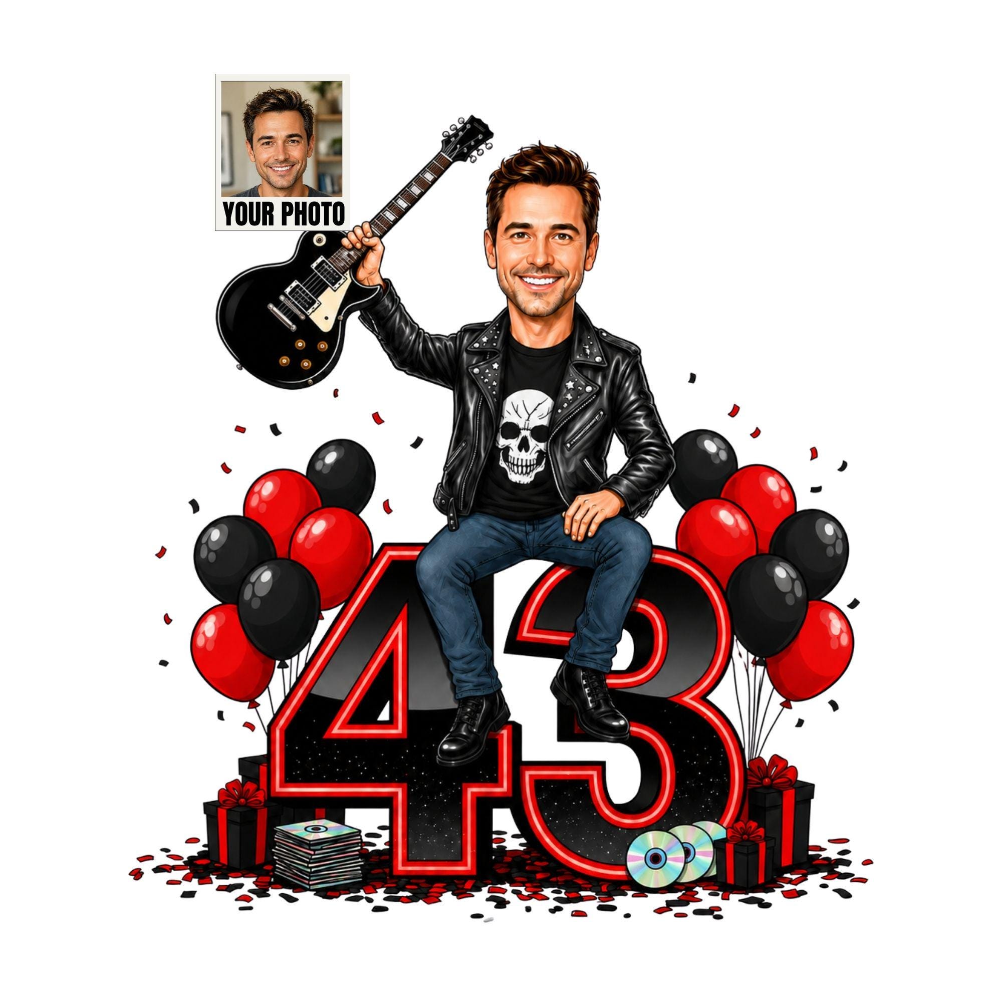 43rd Birthday Rocker Cartoon Portrait for Him from photo