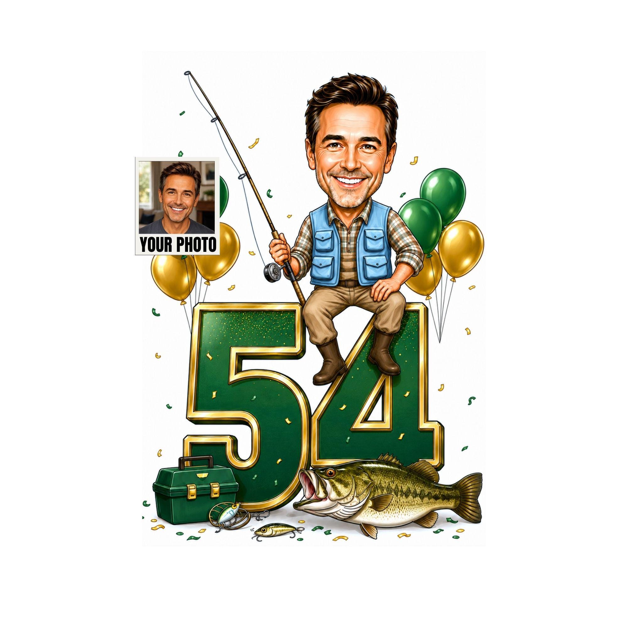 54th Birthday Fishing Cartoon Portrait for Him from photo