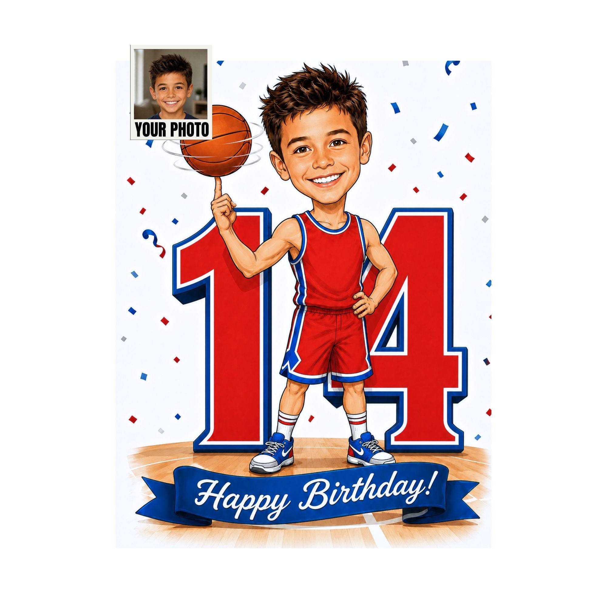 14th Birthday Basketball Cartoon Portrait for Him from photo