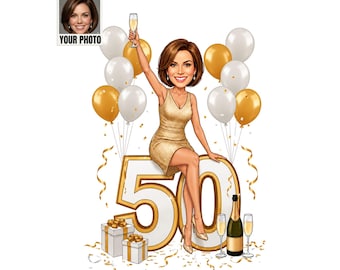 50th Birthday Caricature from Photo, 50th Birthday card, Custom 50 Years Old Cartoon Portrait, Funny 50th Birthday Gift, 50th Gift for her