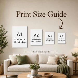 May include: A Print Size Guide chart displaying four rectangular white panels labeled A1, A2, A3, and A4 with dimensions in inches and centimeters. The A1 panel is 23.4 x 33.1 inches, A2 is 16.5 x 23.4 inches, A3 is 11.7 x 16.5 inches, and A4 is 8.3 x 11.7 inches.