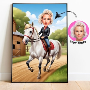 Regalo de jinete, caricatura de jinete a partir de una foto, arte divertido de un jugador de carreras de caballos, retrato de mujer en broma, dibujo de caricatura en broma como regalo