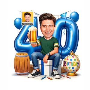 Custom 40th birthday caricature for men with blue number balloons and beer theme