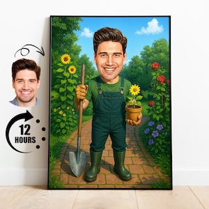 Caricature de jardinier personnalisée, portrait de jardinage amusant, cadeau de jardinage pour lui, agriculteur de dessin animé avec fleur et pelle, décoration d'art mural personnalisée