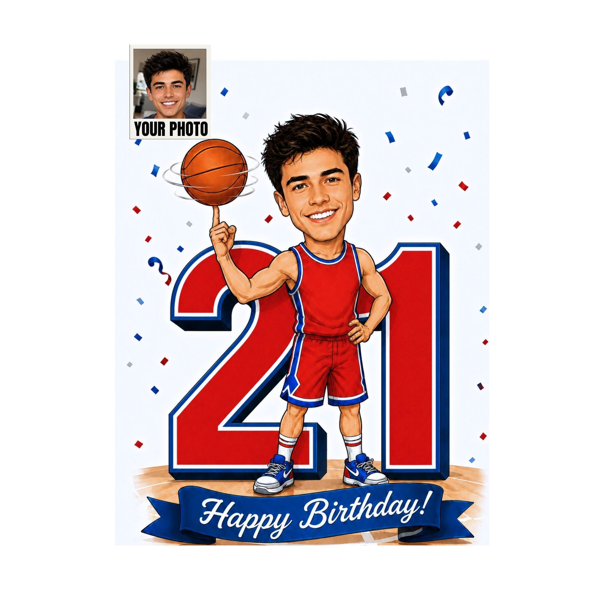 21st Birthday Basketball Cartoon Portrait for Him from photo