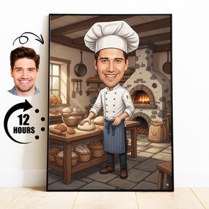 Puede incluir: Ilustración de dibujos animados enmarcada de un panadero en una cocina. El panadero, con gorro y uniforme de chef, trabaja con masa. Cestas de pan y un horno de ladrillo están en el fondo. La imagen incluye un retrato y un gráfico de "12 HORAS".
