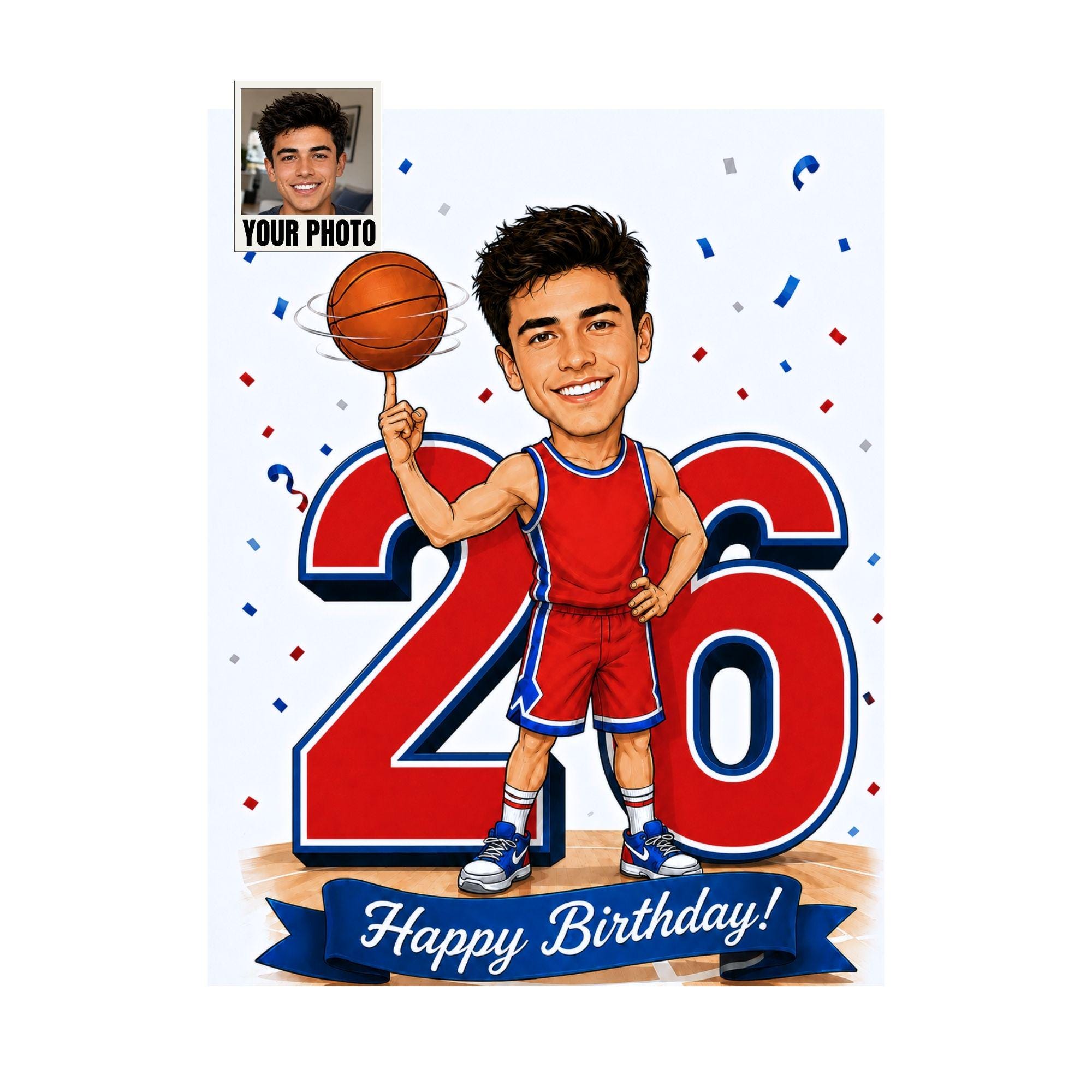 26th Birthday Basketball Cartoon Portrait for Him from photo
