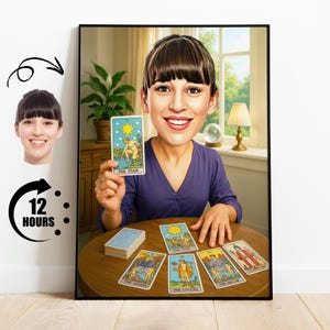 Geschenk für Tarotreader, benutzerdefinierte Tarotkartenleser Karikatur vom Foto, lustiges psychisches Porträt, personalisierte spirituelle Cartoonkunst