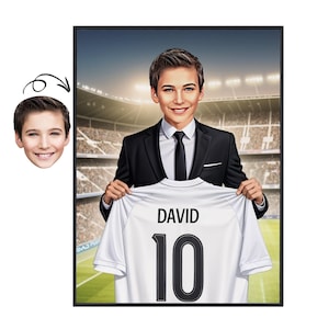 Portrait de football personnalisé pour enfants, cadeau de football personnalisé avec nom et numéro, affiche de maillot avec visage, oeuvre d'art numérique de sport