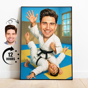 Regalo para entrenador de Jiu Jitsu, caricatura de artes marciales personalizada a partir de una foto, retrato divertido del instructor, dibujo personalizado de Jiu Jitsu.