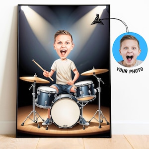 Retrato de baterista personalizado, caricatura musical personalizada, regalo único para niños, arte de pared divertido para amantes de la música y aspirantes a músicos