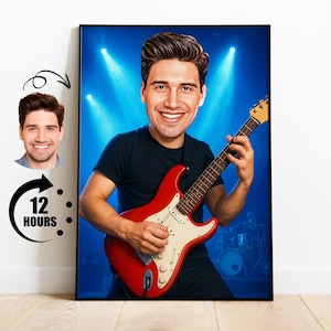 Cadeau voor gitarist, aangepaste karikatuur gitarist van foto, grappig portret muzikant, gepersonaliseerde tekenfilm rockster