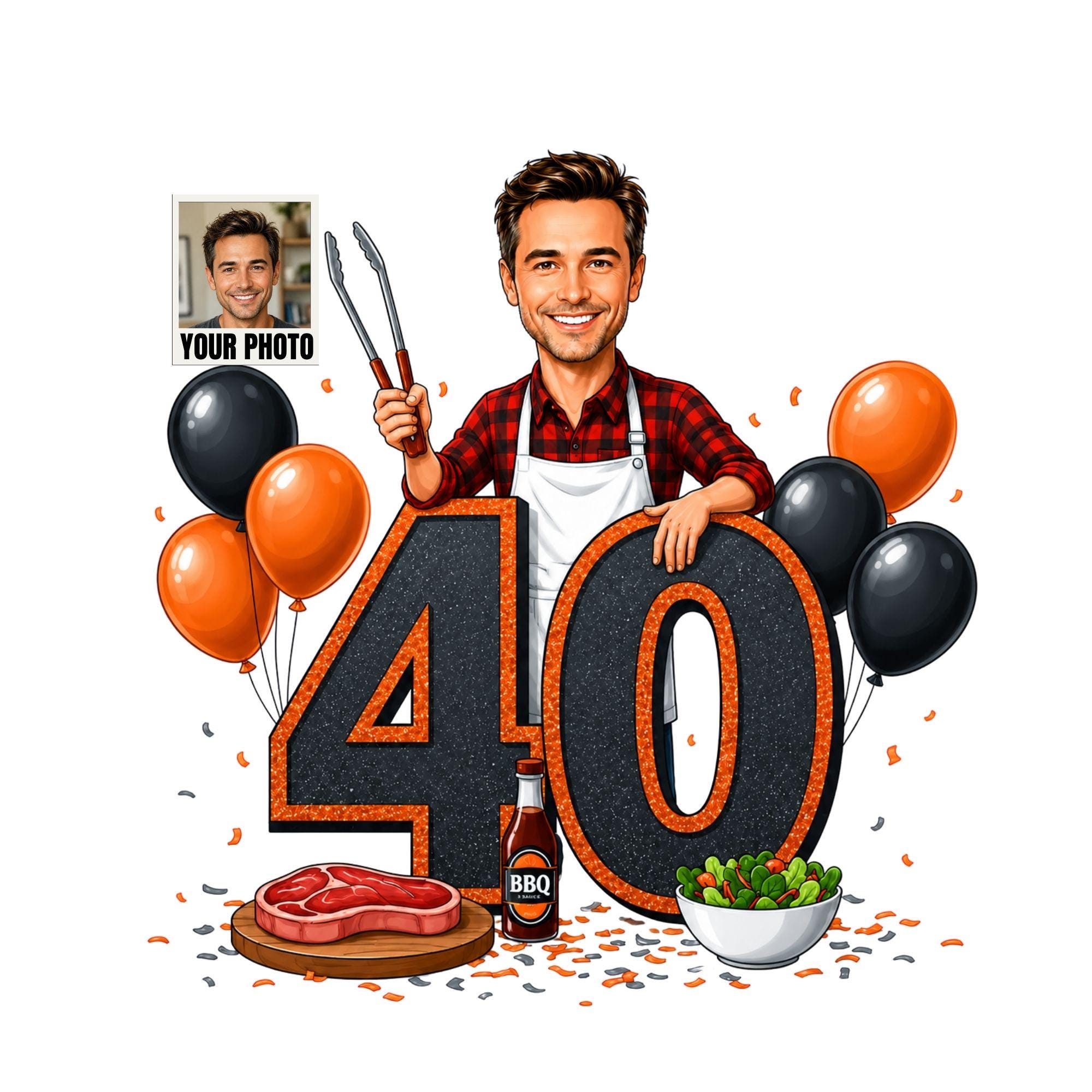 40th Birthday BBQ Cartoon Portrait for Him from photo