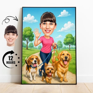 Gift for Dog Walker, Custom Pet Lover Caricature from Photo, Funny Dog Walking Cartoon Portrait, Personalized Animal Lover Art