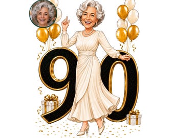 90th Birthday Caricature for Woman, 90th Birthday Woman Cartoon Portrait, 90th Birthday Gift for Her, 90th Birthday Card, 90th Portrait