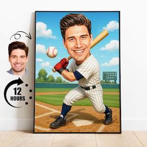 Regalo para jugador de béisbol, caricatura de béisbol personalizada a partir de una foto, retrato deportivo divertido, dibujo personalizado para amantes de los deportes.