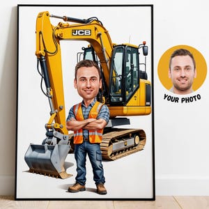 Regalo para operador de excavadora, retrato personalizado, foto a caricatura, idea de regalo para operador, arte mural para maquinaria pesada