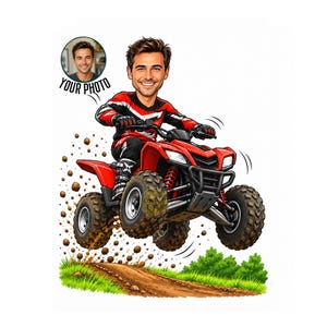 Könnte beinhalten: Eine Cartoon-Karikatur einer Person auf einem roten Quad, die über einen Feldweg springt. Der Fahrer trägt ein rot-weiß-schwarzes Langarmtrikot und eine schwarze Hose. Schlamm spritzt in der Luft um das Fahrzeug herum auf.