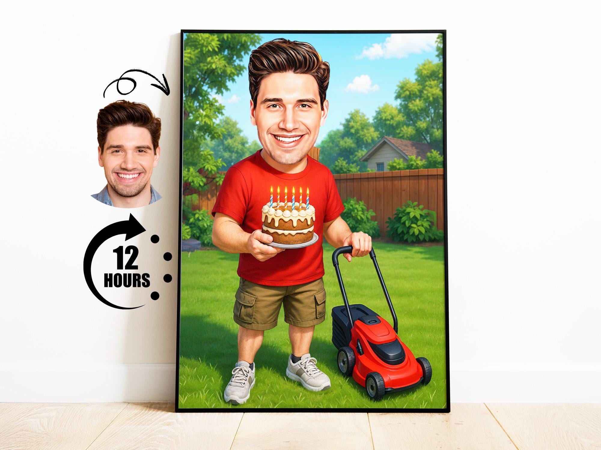 Custom Lawn Mower Caricature: Funny Birthday Cartoon Portrait with Cake and Mower (Dig from photo
